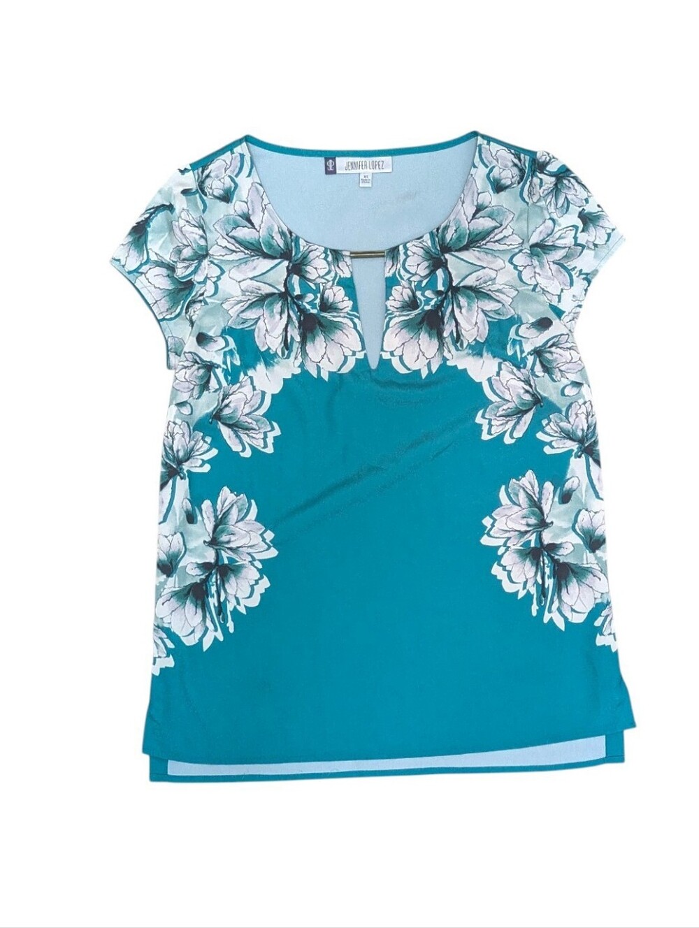 Jennifer Lopez Teal Floral Short Sleeve Business Casual Blouse XS